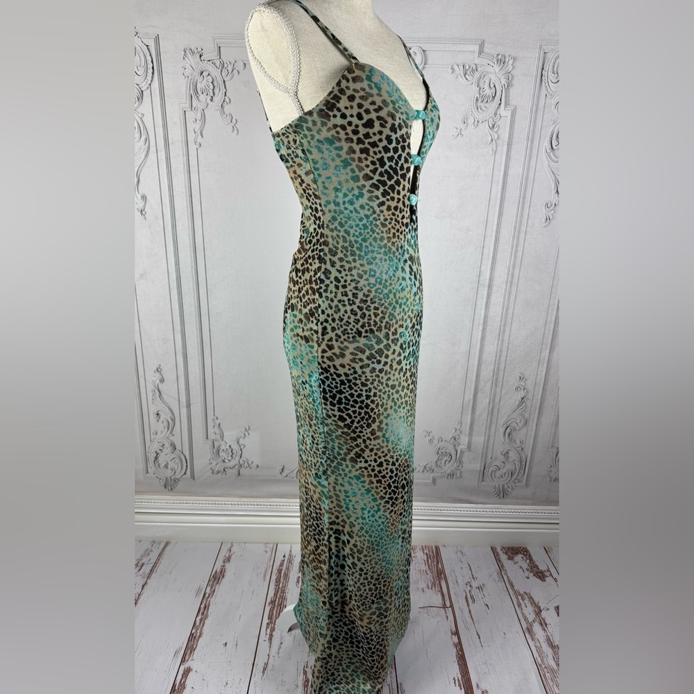 Leopard Print Maxi Dress Mesh Cut Out Embellished Sweetheart Neckline - Picture 3 of 9